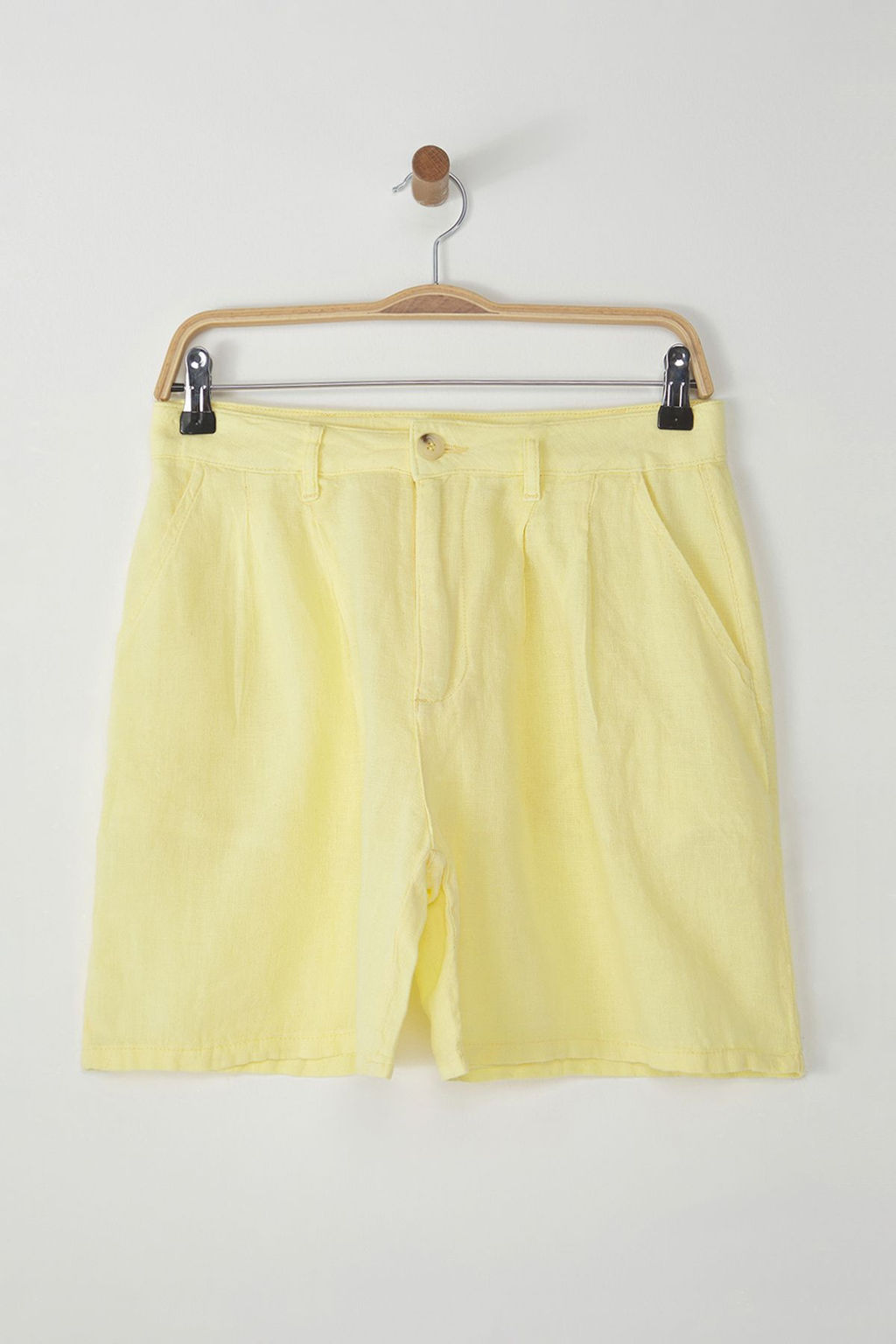 Sar? %100 Keten Pileli Yuksek Bel Sort TWOSS24SR00093