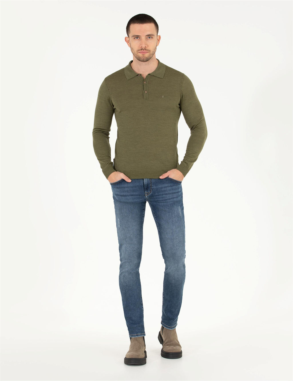 A__k Ye_il Slim Fit Polo Yaka Y_n Kar___ml_ Basic Triko Kazak - Pierre cardin фото 4