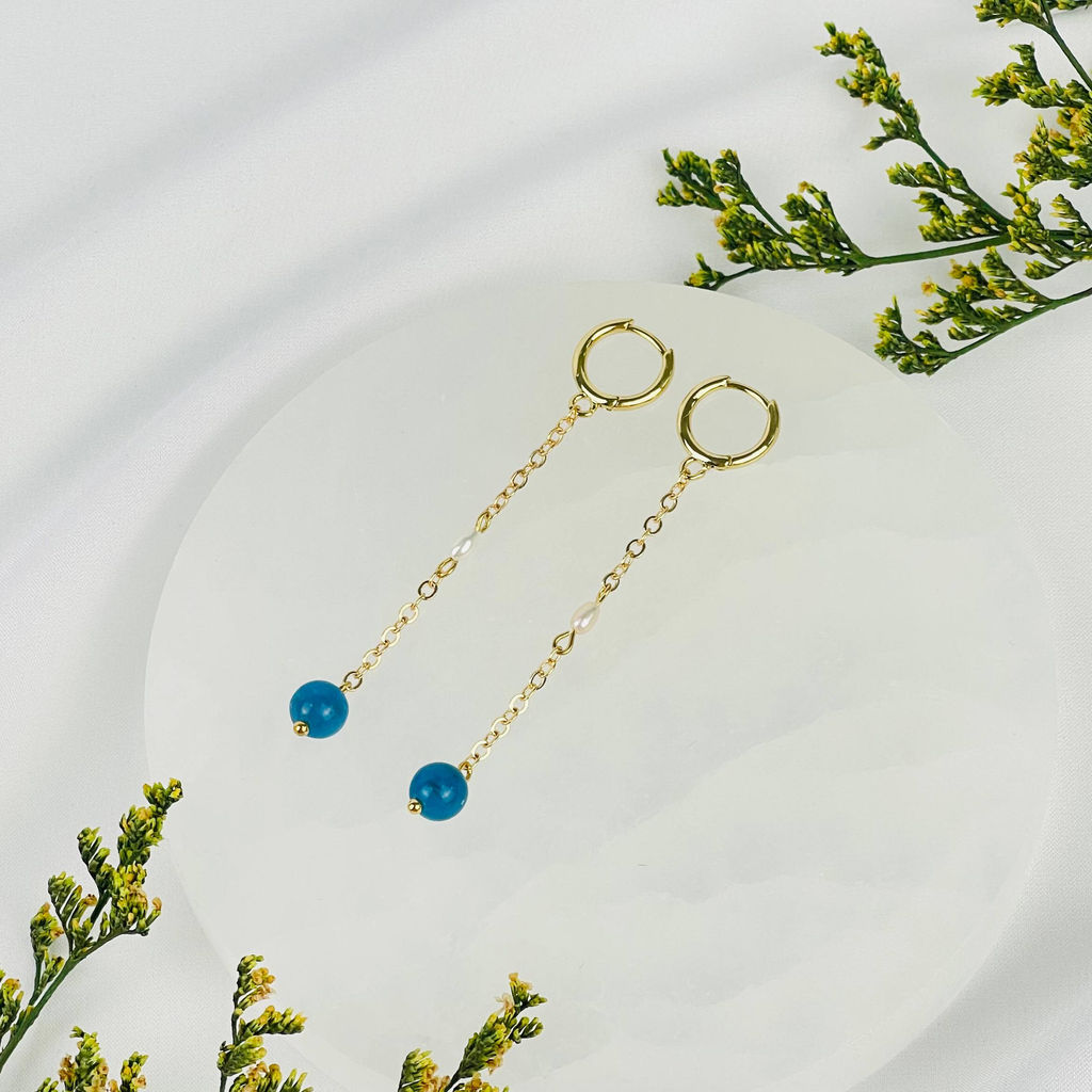 Серьги на цепочке из Апатита и Жемчуга