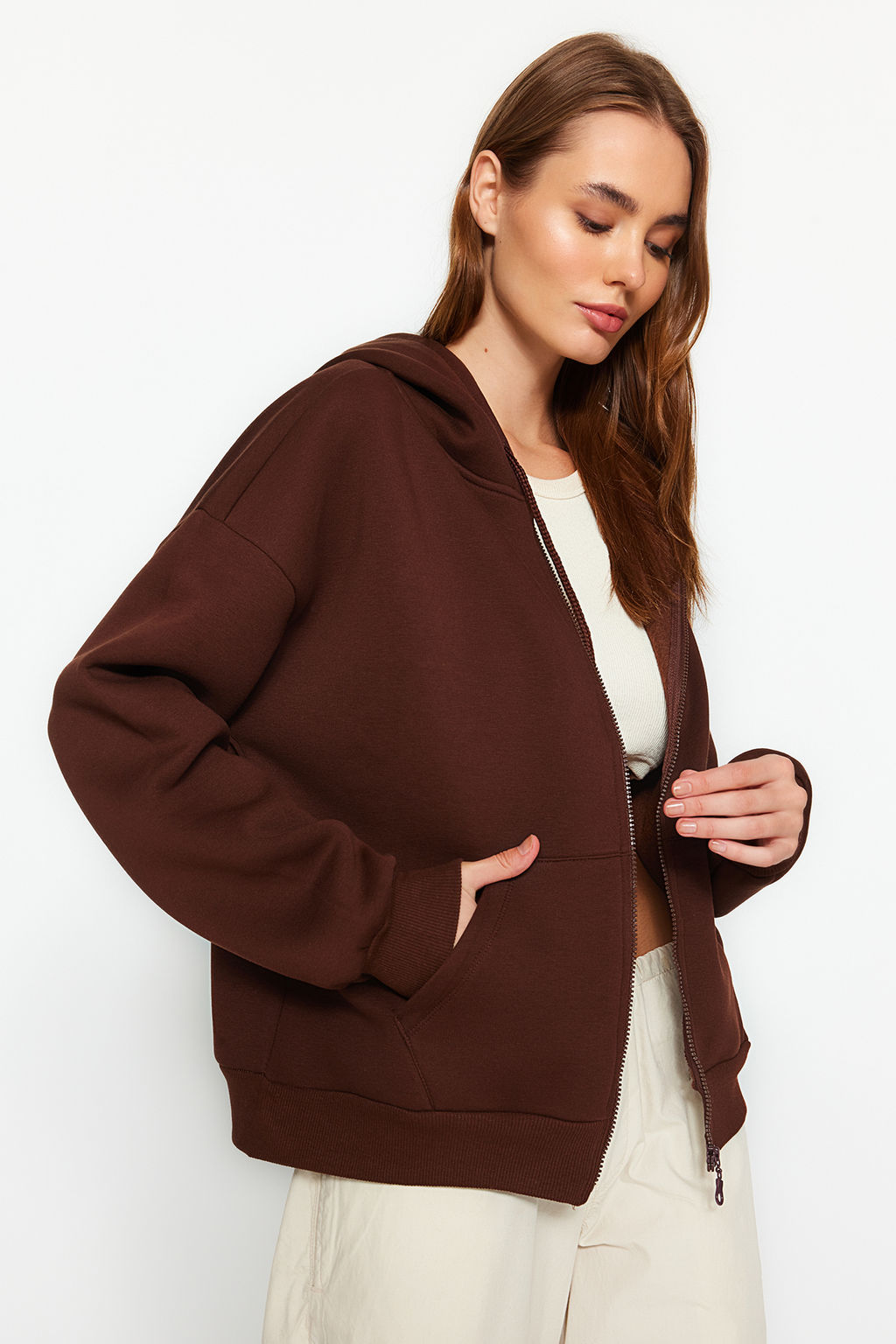 Kahverengi Oversize/Rahat Kesim Basic Kapusonlu Kal?n Ici Polarl? Orme Sweatshirt TWOAW24SW00188