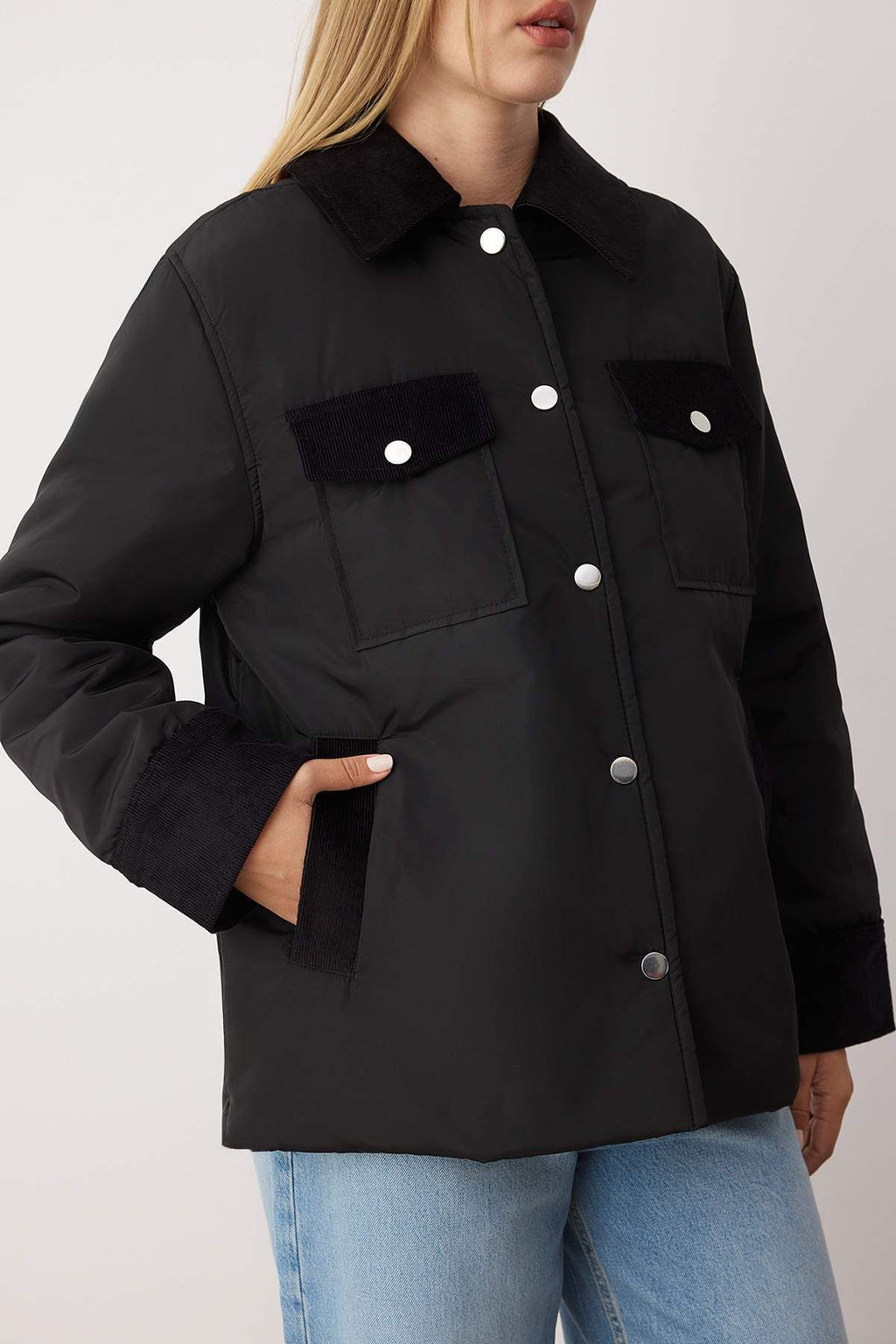 Siyah Regular Kal?p Yakas? Kadife Detayl? Elyafl? Ince Ceket Mont TWOAW26MO00124 - Trendyolmilla фото 4