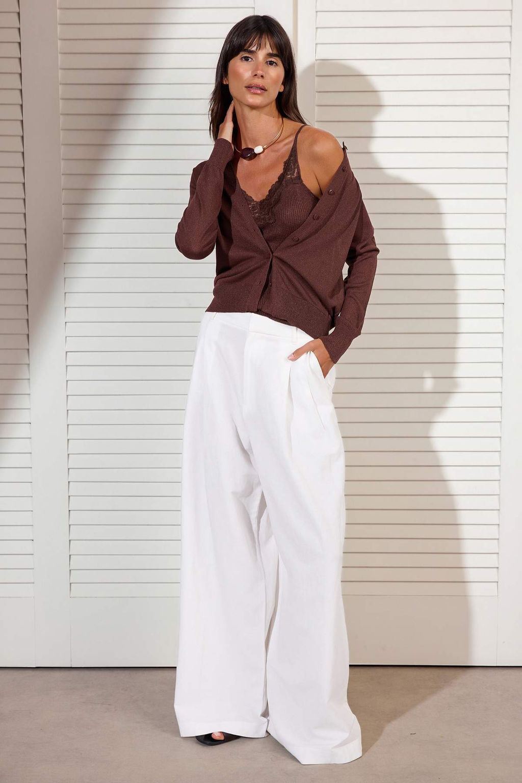 Kahverengi 2li Yazl?k Ozel Iplik Dantel Detayl? Triko Bluz-H?rka TWOSS26HI00016