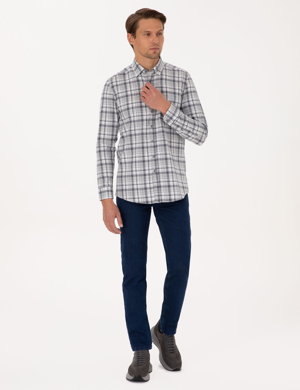 Lacivert Ekose Regular Fit Uzun Kollu G_mlek