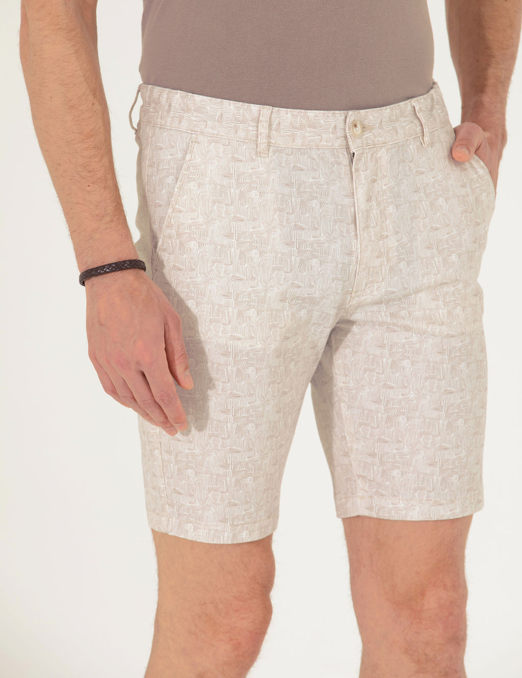 Bej Slim Fit Beli Lastikli Desenli Bermuda _ort