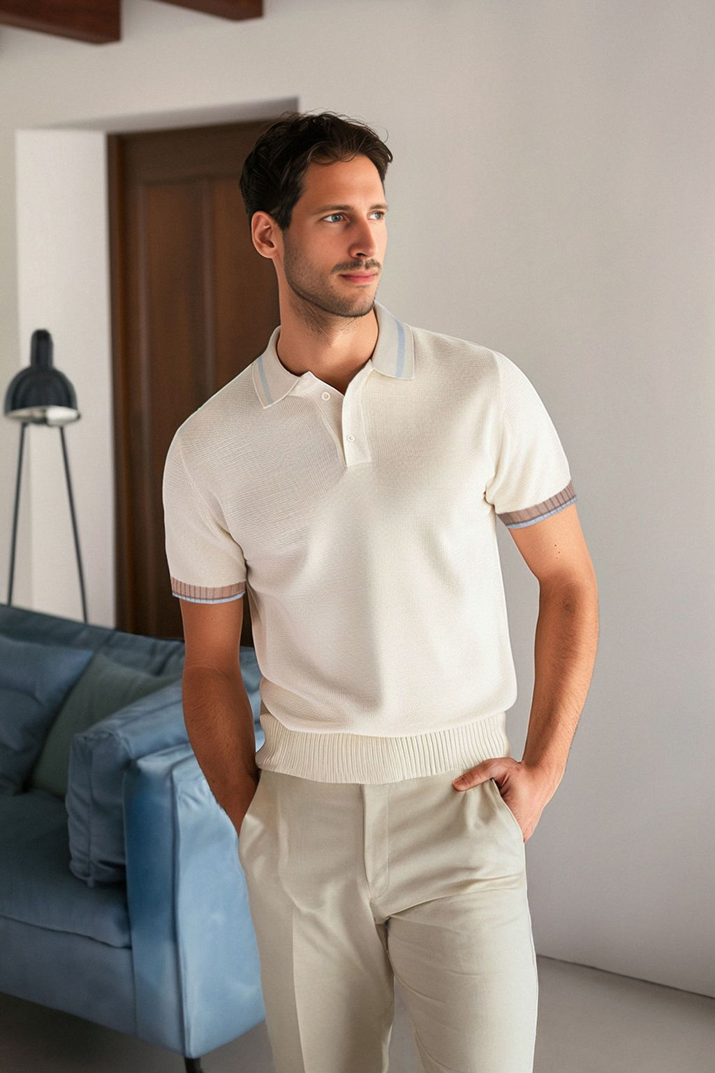 Ekru Regular Fit Cizgi Detayl? Dokulu Triko Polo Yaka T-Shirt TMNSS24PO00002