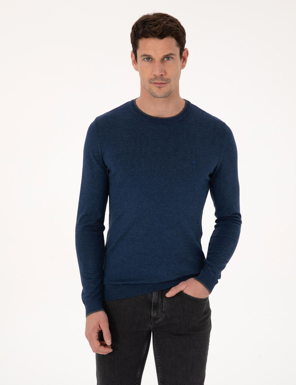 _ndigo Slim Fit Pamuk Kar___ml_ Bisiklet Yaka Triko Kazak