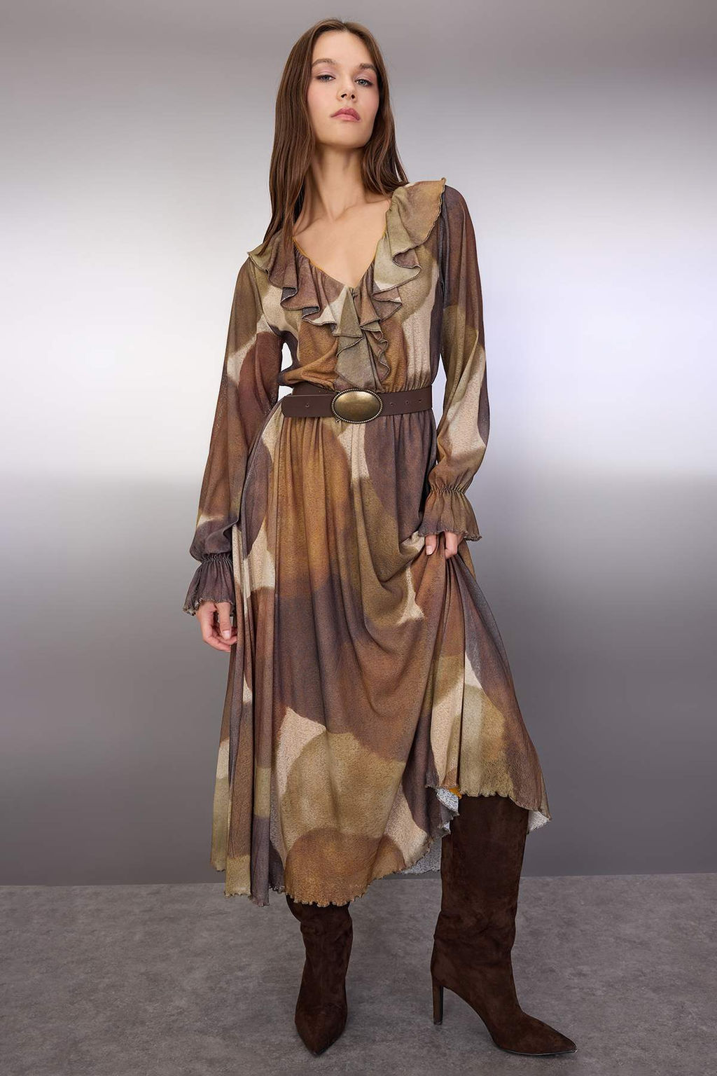 Cok Renkli Bask?l? Kopuk F?rf?r Detayl? Maxi Esnek Orme Elbise TWOAW26EL00249