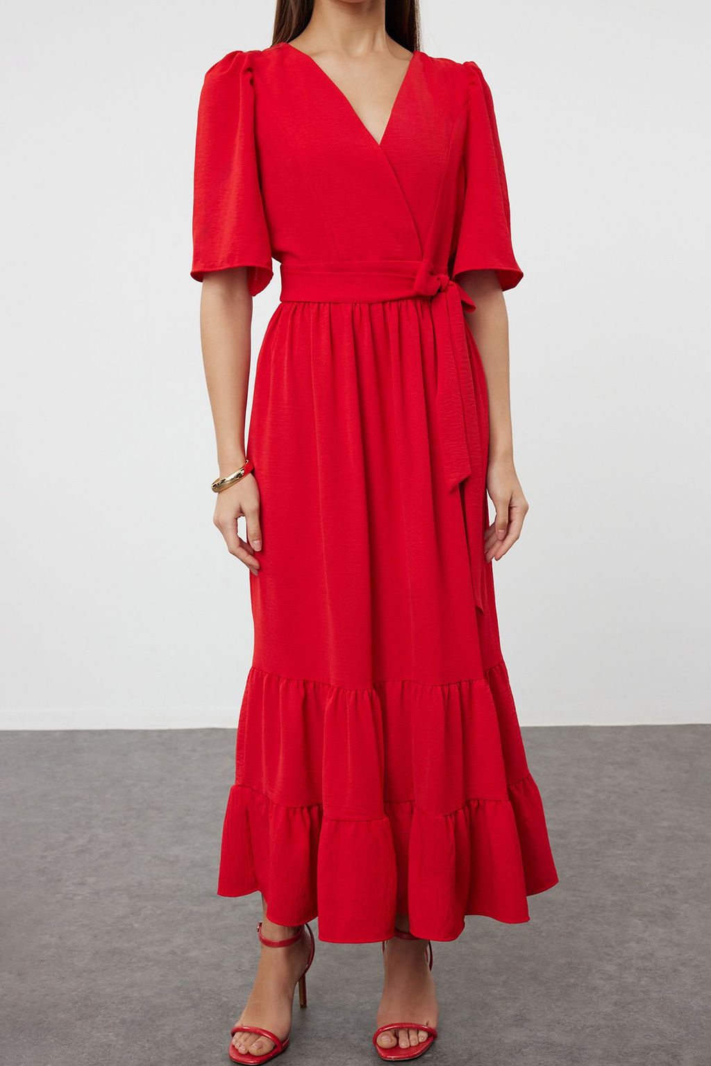 TRENDYOLMILLA Indigo Kusakl? A-Kesim Kruvaze Yaka S?rt Detayl? Midi Dokuma Elbise TWOSS23EL02164  фото 19