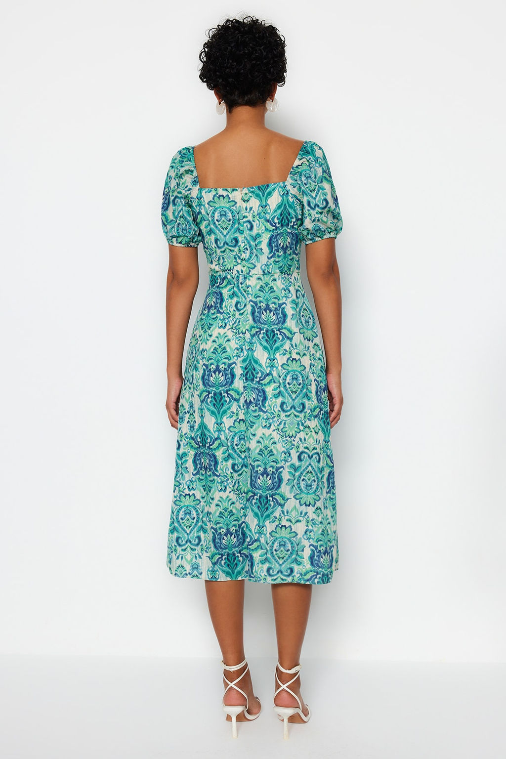 Yesil Etnik Desenli A-Kesim Kare Yaka Y?rtmacl? Midi Dokuma Elbise TWOSS23EL01846 - Trendyolmilla фото 6
