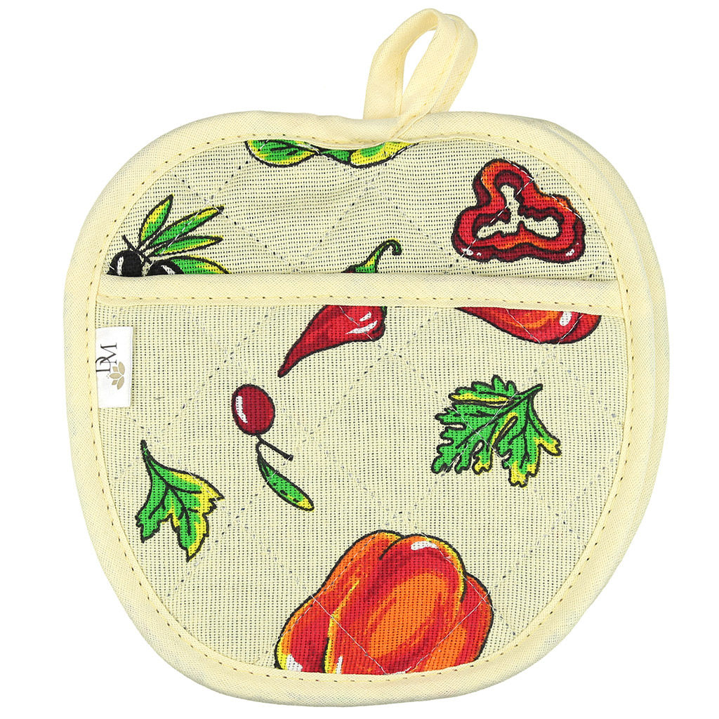 Прихватка с запахом 19х19см Перцы, форма Яблоко, рогожка 171г/м2, хлопок 100%, наполнитель - ватин 280г/м2, на пластмассовом подвесе, Домашняя мода (Россия)  фото 2