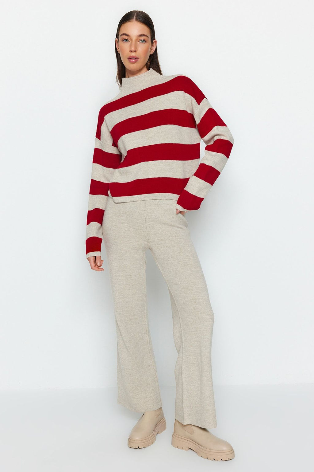 Kahverengi Genis Kal?p Cizgili Triko Alt-Ust Tak?m TWOAW24AU00020 - Trendyolmilla фото 11