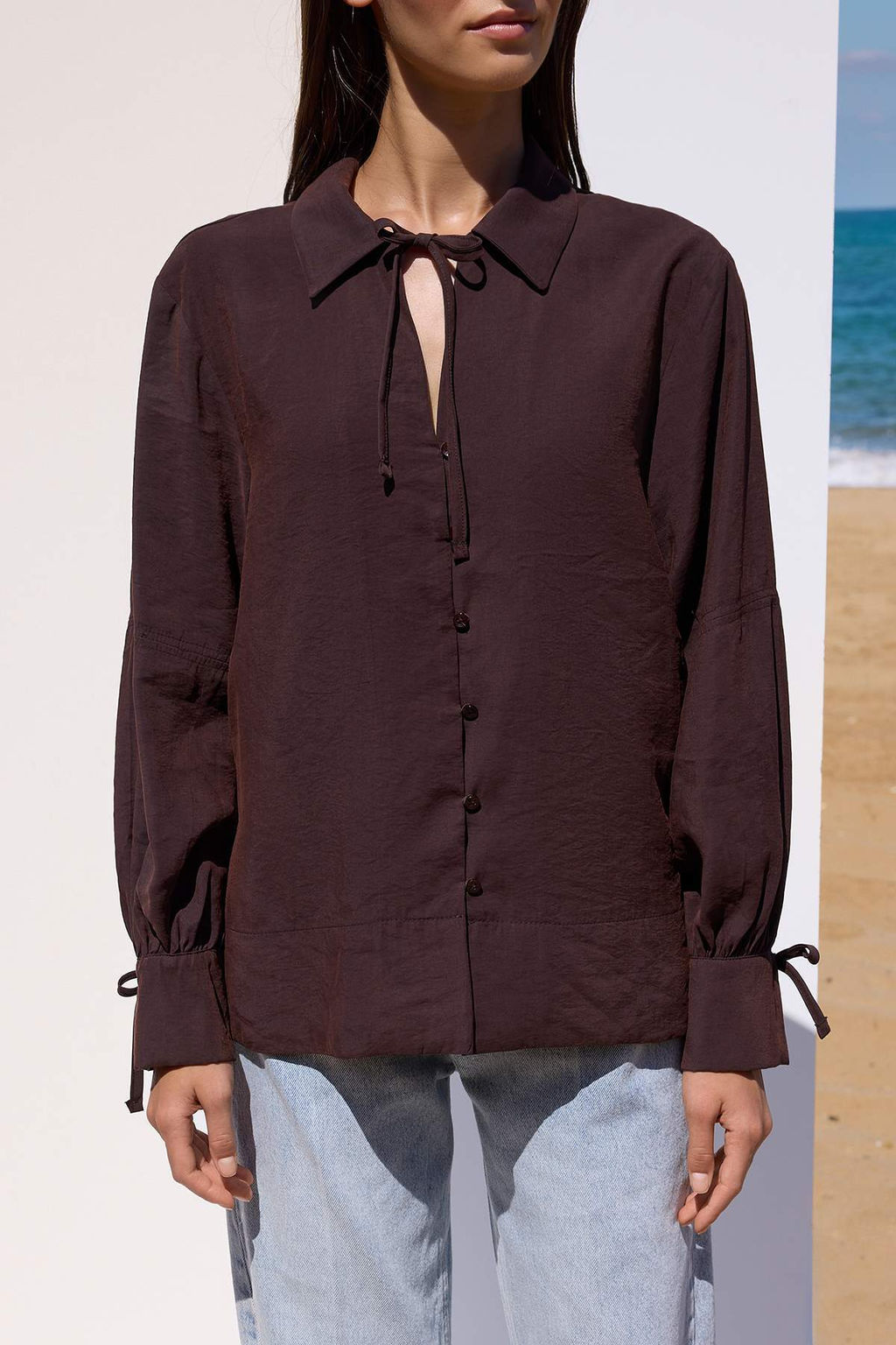 Sustainable Koyu Kahverengi Boho Modal Baglama Detayl? Oversize Modal Gomlek TWOAW26GO00080