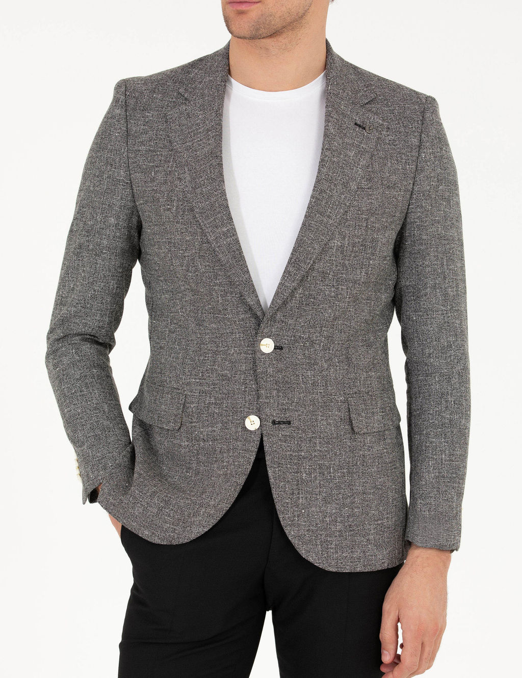 Siyah Slim Fit Keten Kar___ml_ Ceket