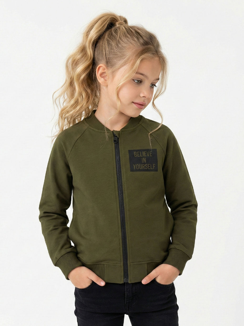 Толстовка для девочки на молнии 22-5528 хаки