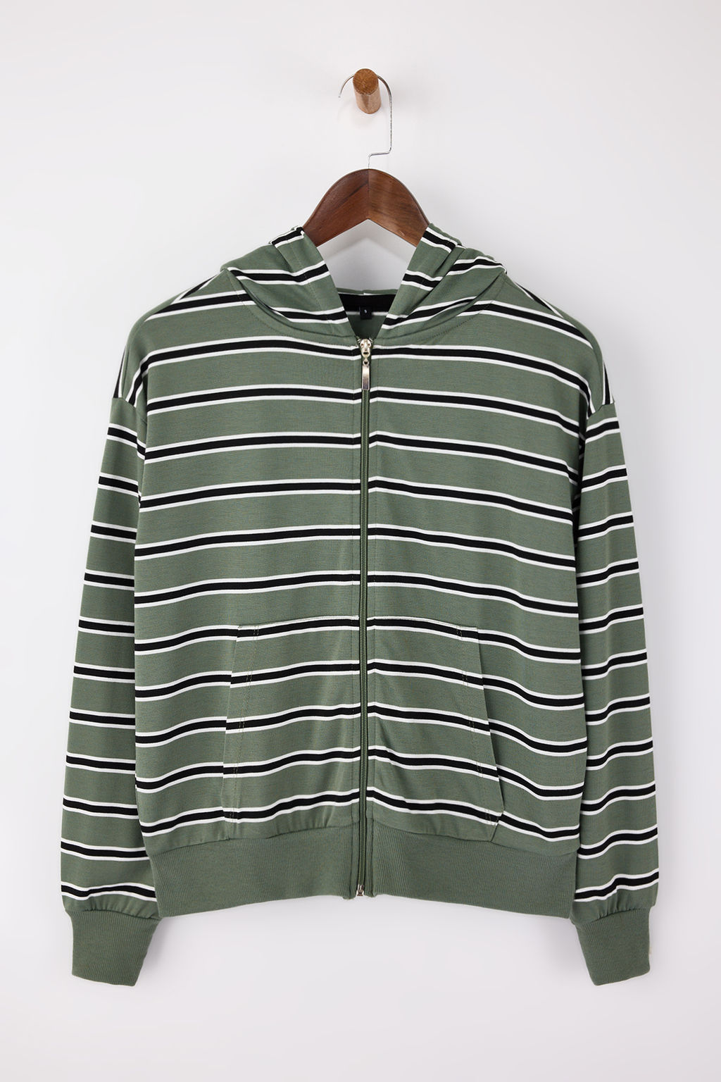 Yesil Cizgili Regular/Normal Kal?p Kapusonlu Fermuarl? Ince Orme Sweatshirt TWOSS26SW00003 - Trendyolmilla фото 7