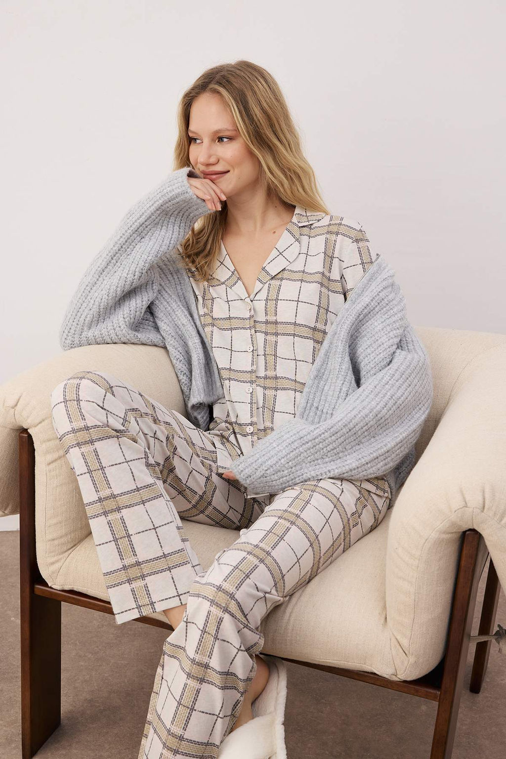 Trendyolmilla Bej %100 Pamuklu Ekoseli Orme Pijama Tak?m? THMAW20PT0266  фото 41