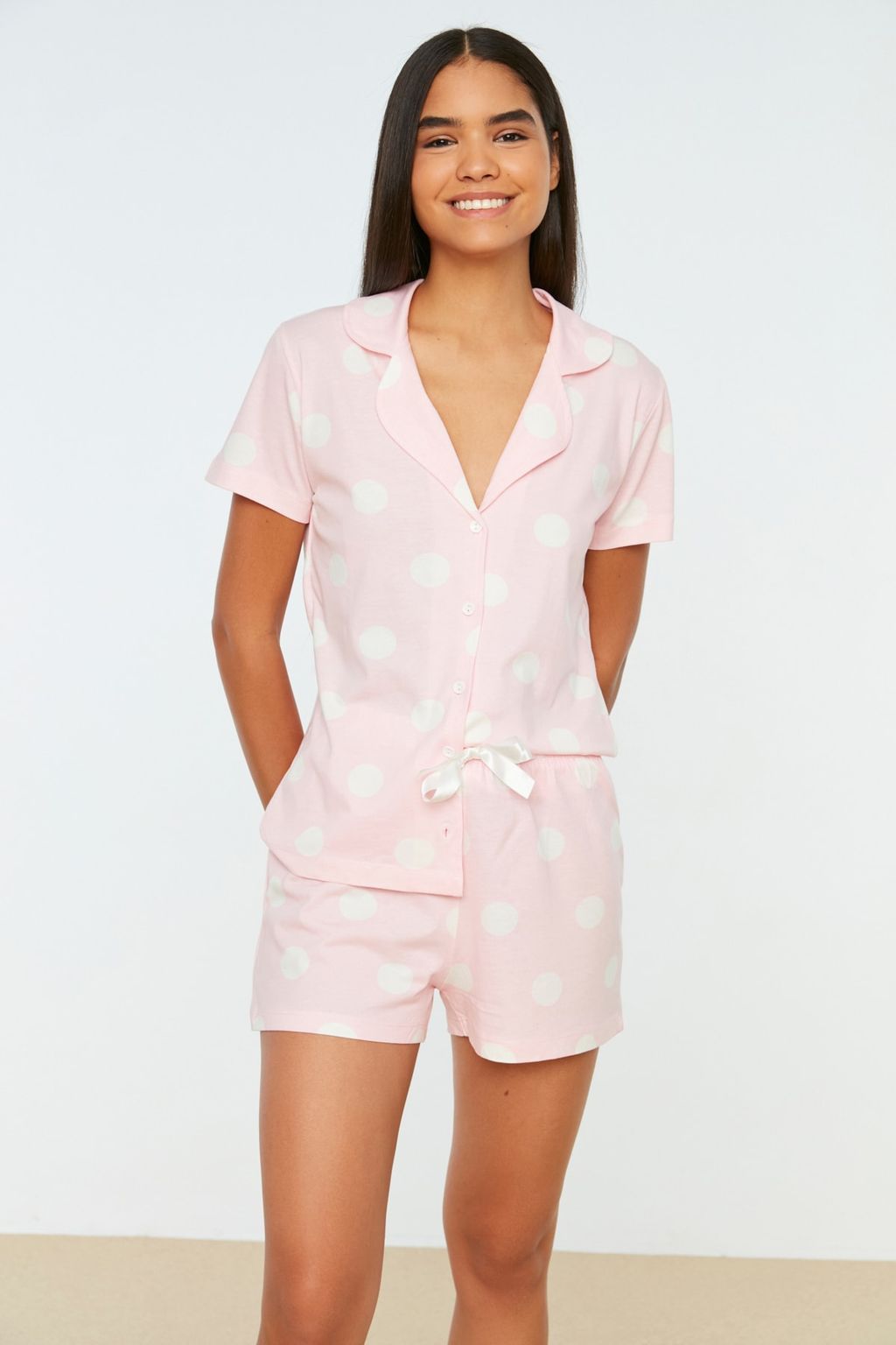 Trendyolmilla Somon %100 Pamuklu Puantiyeli Sortlu Orme Pijama Tak?m? THMSS20PT0077 фото 2