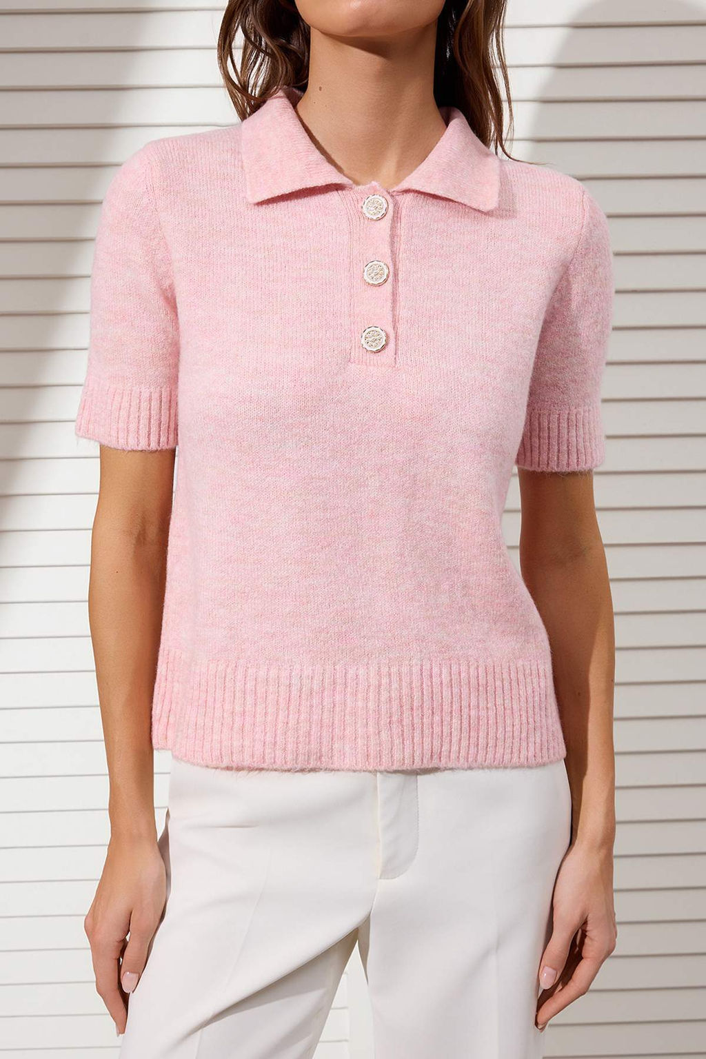 Pembe Polo Yaka Yumusak Dokulu Tas Dugme Detayl? Triko Bluz TWOSS26BZ00311 - Trendyolmilla фото 6