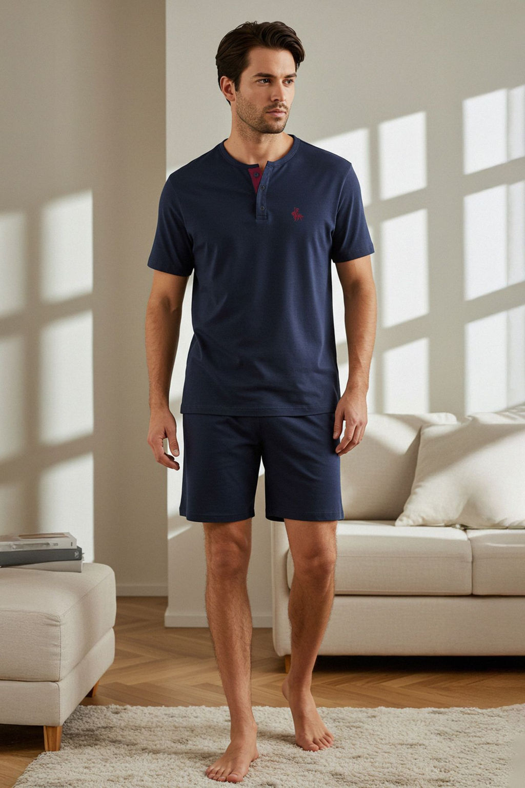 Trendyolmilla Man Lacivert Regular Nak?sl? Ceyizlik Sortlu Orme Pijama Tak?m? TMNSS25PT00079