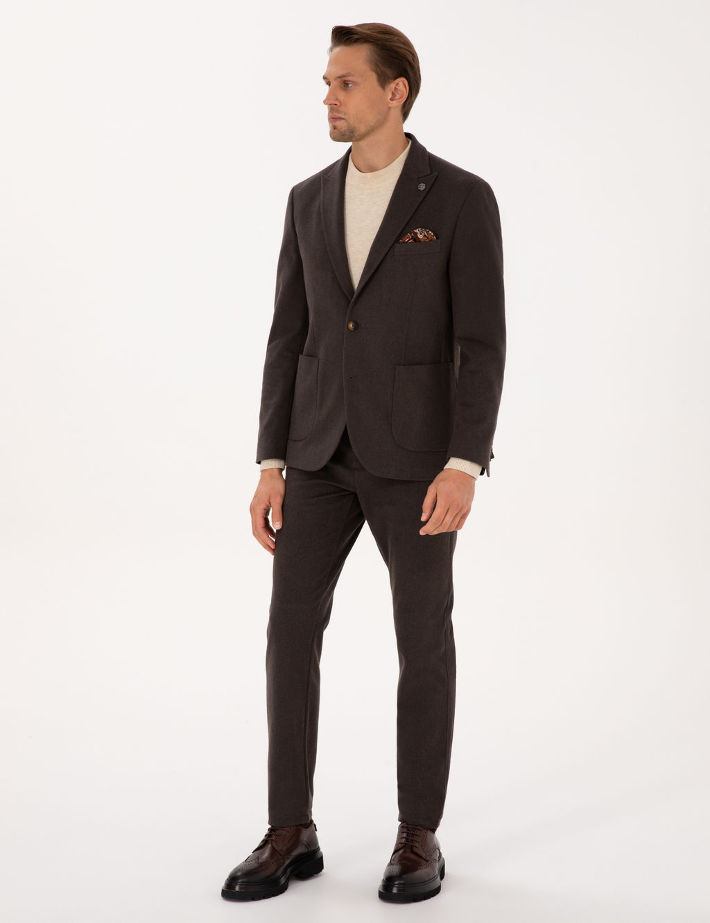 Kahverengi Slim Fit Flanel Dokulu Kuma_ Pantolon