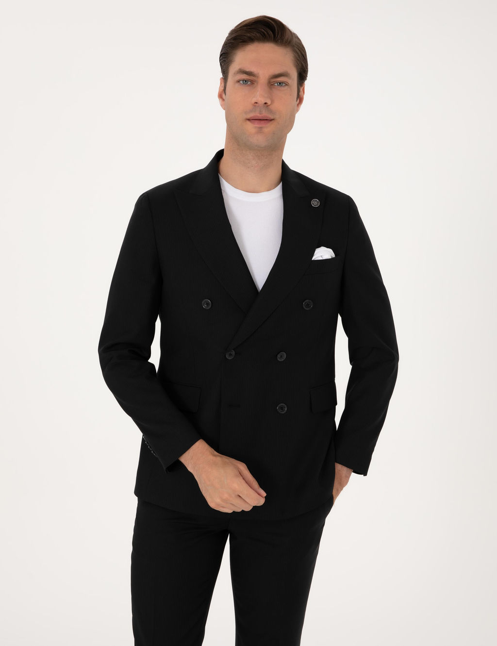 Siyah Ex. Slim Fit %100 Y_n _izgili Tak_m Elbise