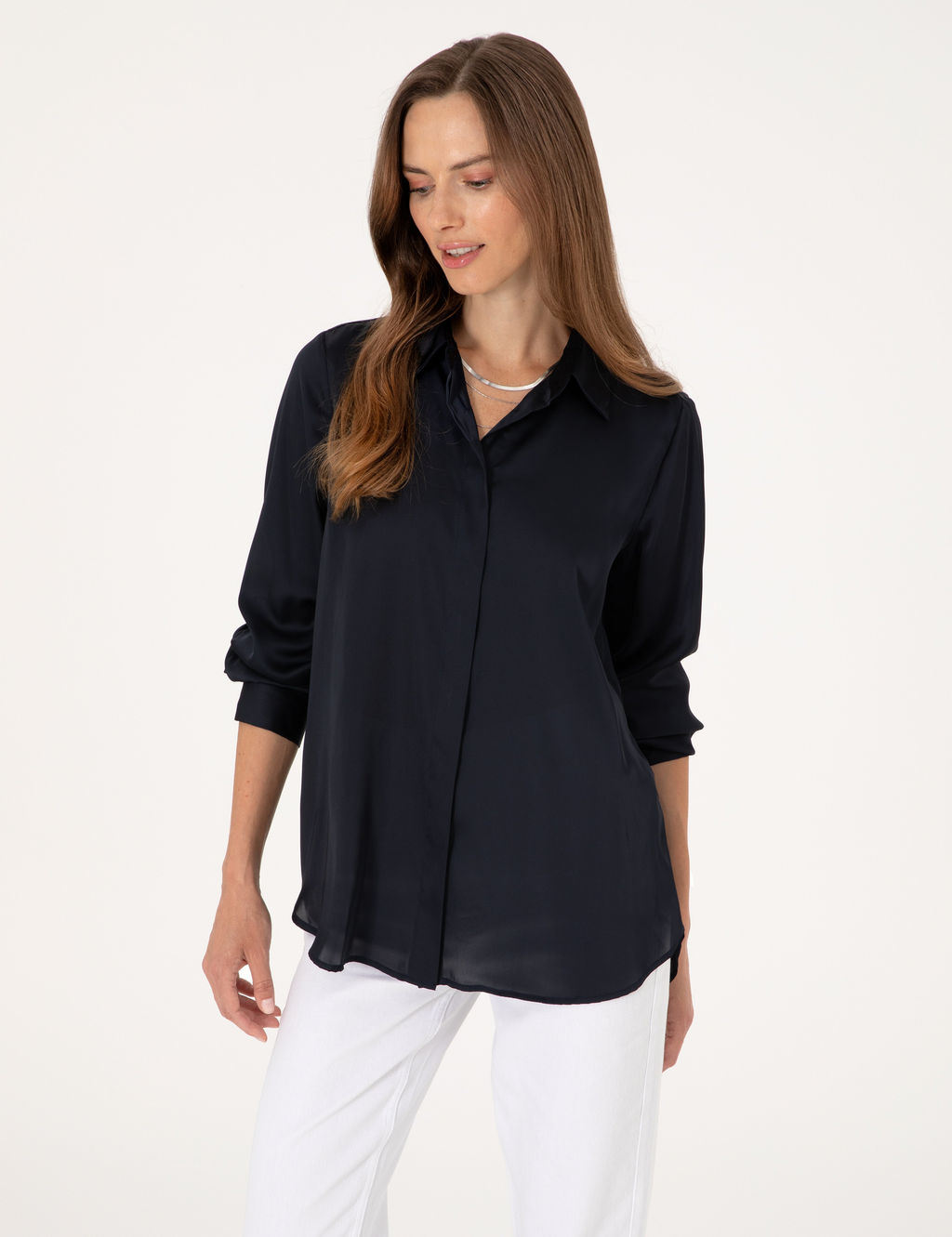Lacivert Comfort Fit Saten Uzun Kollu G_mlek