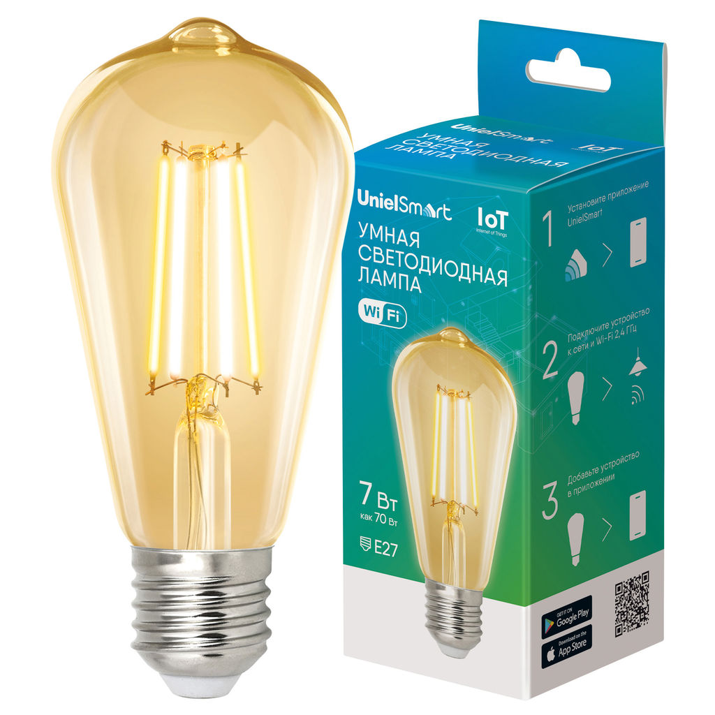 LED-ST64-7W/SW/E27/230V/WF GLS82GO Умная лампа светодиодная Wi-Fi+Bluetooth, диммируемая. Форма "конус", золотистая. Стеклянная колба. 2700-6500K. Голосовое управление+приложение UnielSmart. TM Uniel