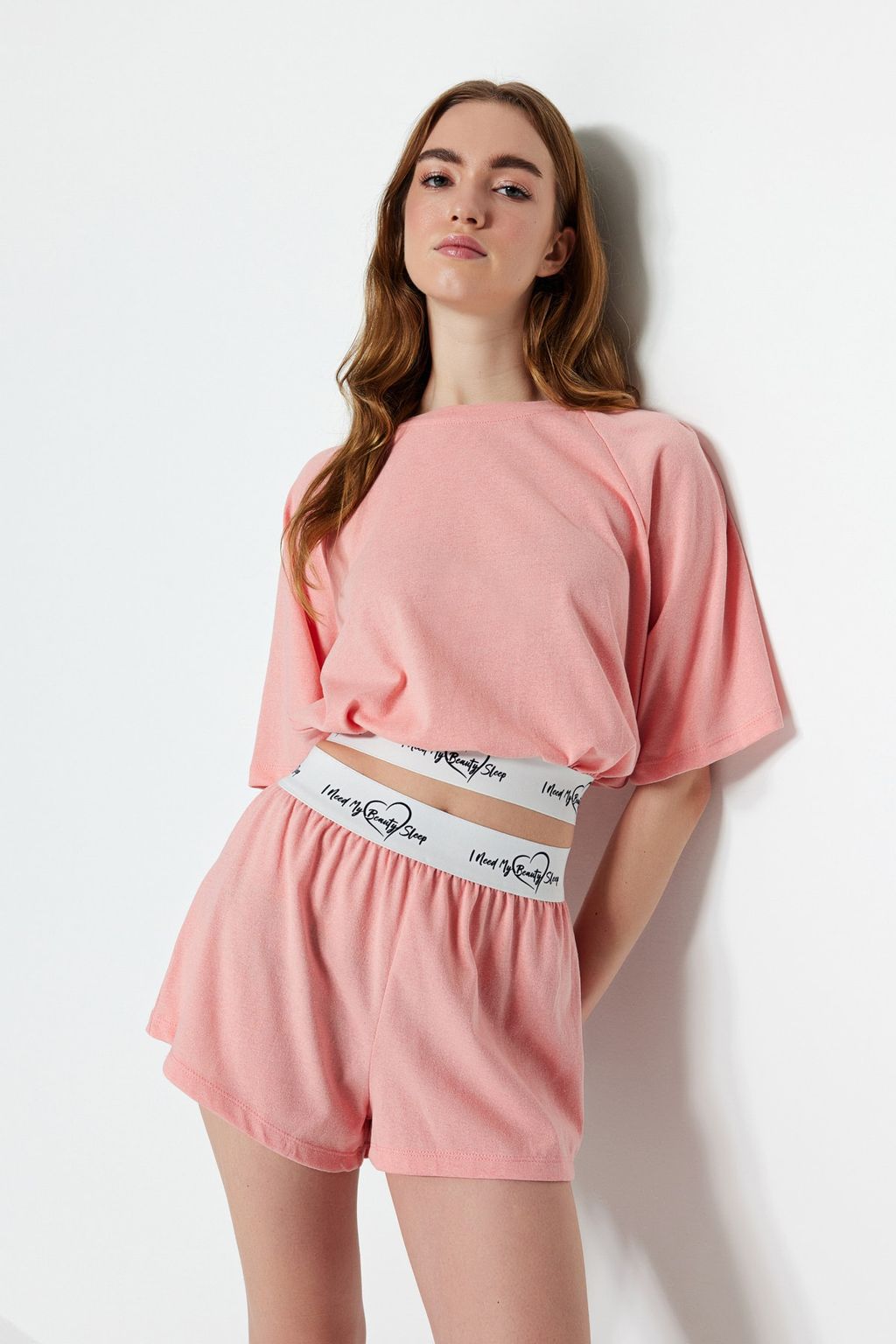 Trendyolmilla Ac?k Pembe Pamuklu Slogan Lastik Detayl? Sortlu Orme Pijama Tak?m? THMSS23PT00154  фото 4