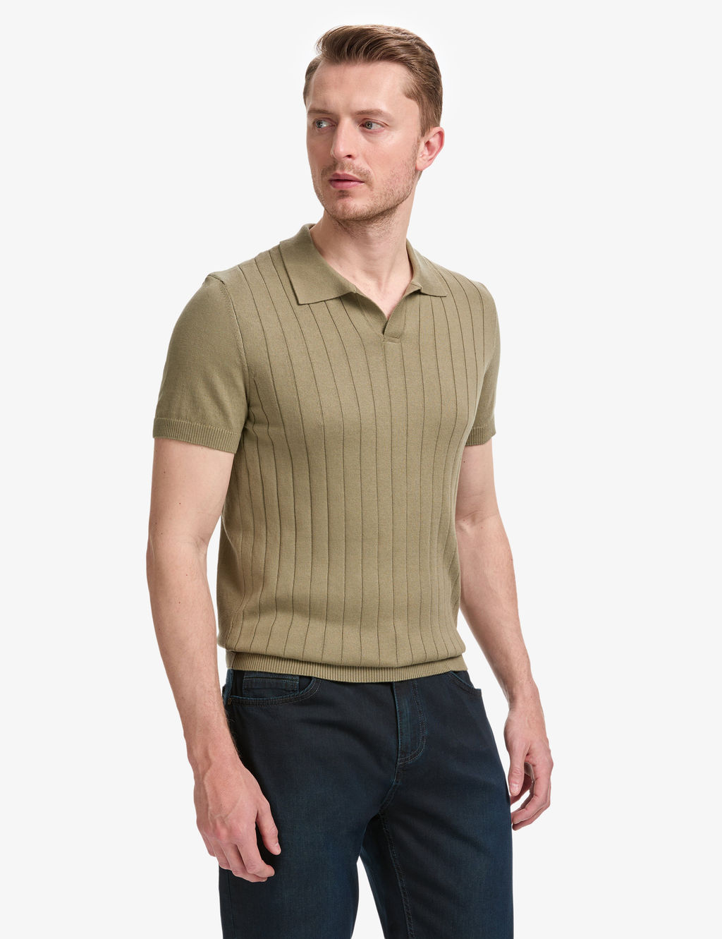 Haki Slim Fit %100 Pamuk Apa_ Yaka Triko Ti__rt