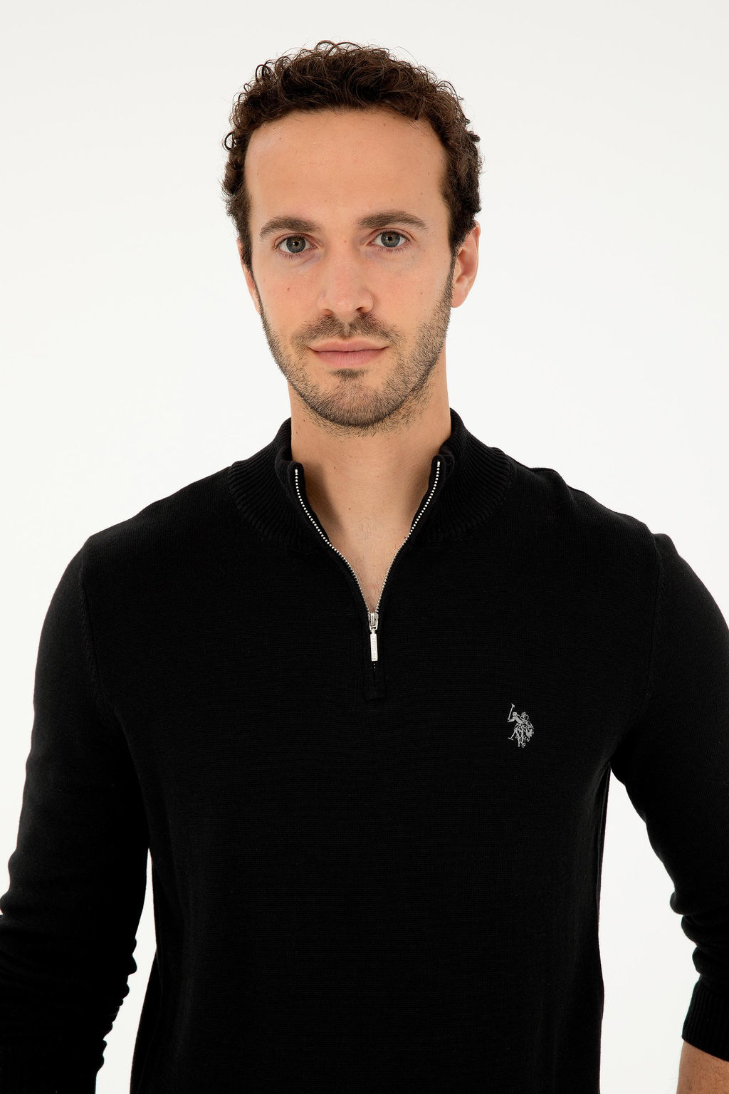 Erkek Slim Fit Yar_m Fermuarl_ Siyah Basic Kazak