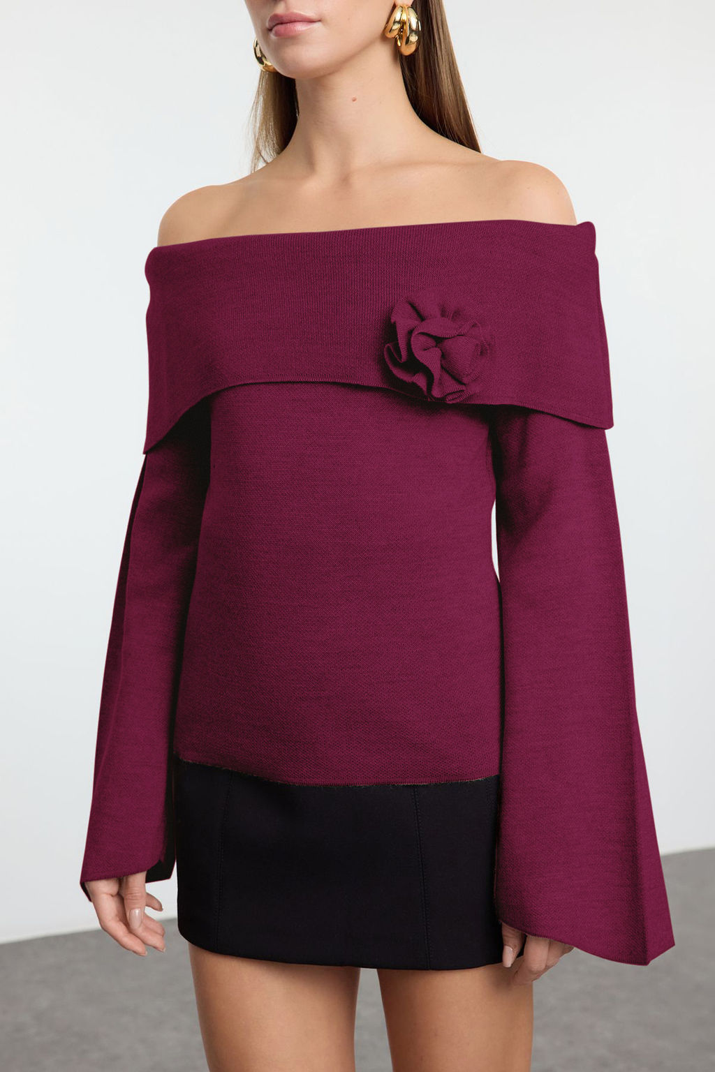 Bordo Gul Detayl? Carmen Yaka Triko Kazak TWOAW25KZ00373 - Trendyolmilla фото 26