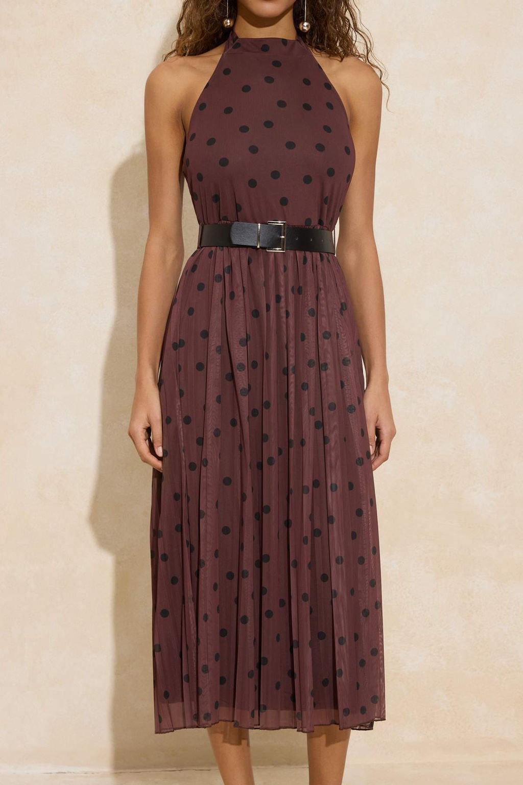 Kahverengi Puantiyeli Belden Ac?lan Boyundan Baglamal? Pliseli Maxi Tul Orme Elbise TWOSS26EL00031 - Trendyolmilla фото 5
