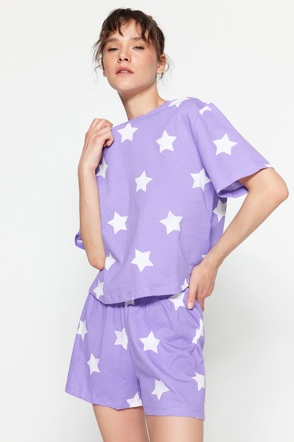 Trendyolmilla Cok Renkli %100 Pamuklu Y?ld?z Desenli Sortlu Orme Pijama Tak?m? THMSS22PT0501  фото 5