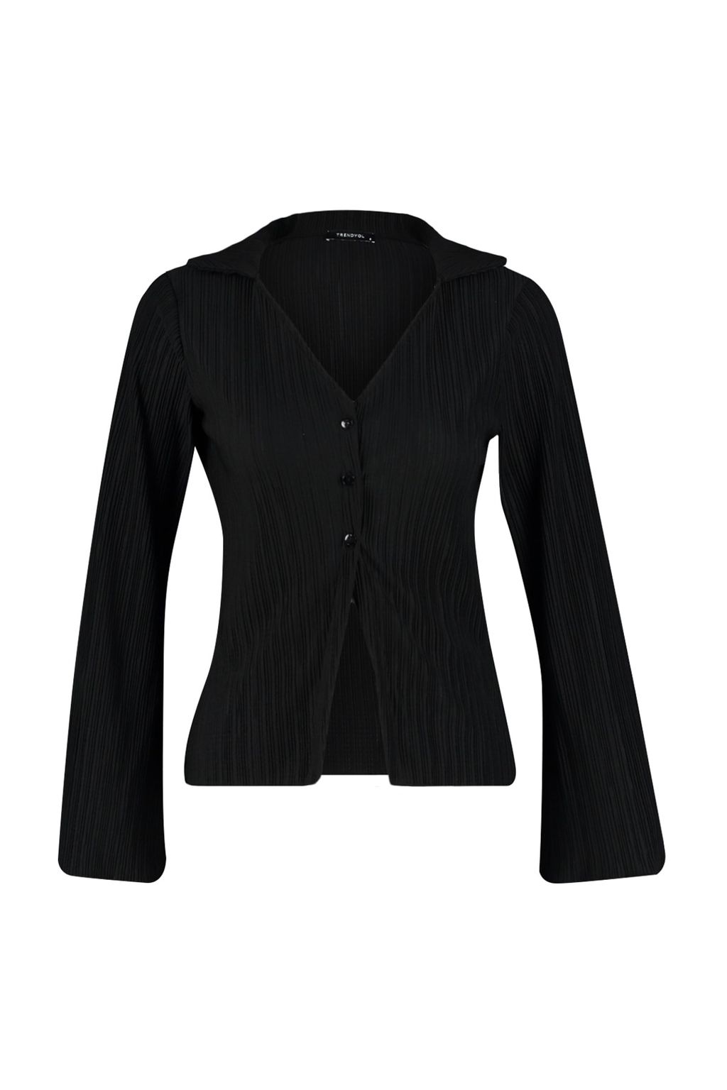 Siyah Piliseli ve Dugmeli Flare/Ispanyol Kol Orme Gomlek TWOSS23GO00165 - Trendyolmilla фото 6