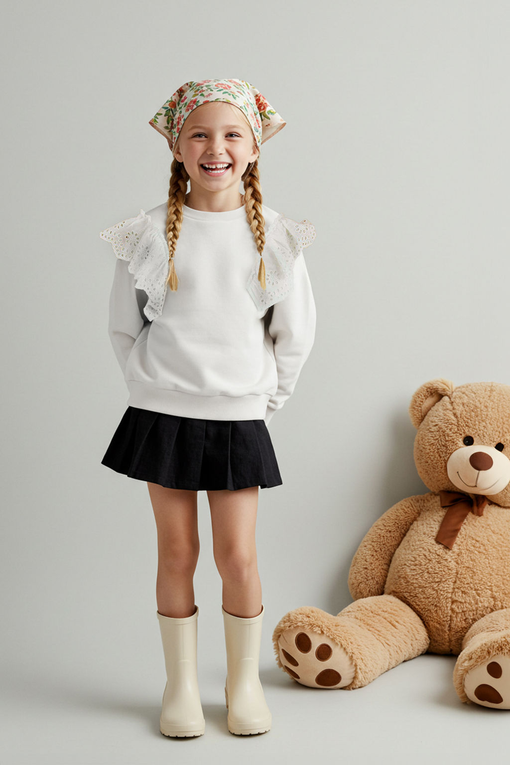Ekru Pamuklu Duz/Basic Kal?n/Ici Polarl? Regular Orme K?z Cocuk Sweatshirt TKDAW26SW00034