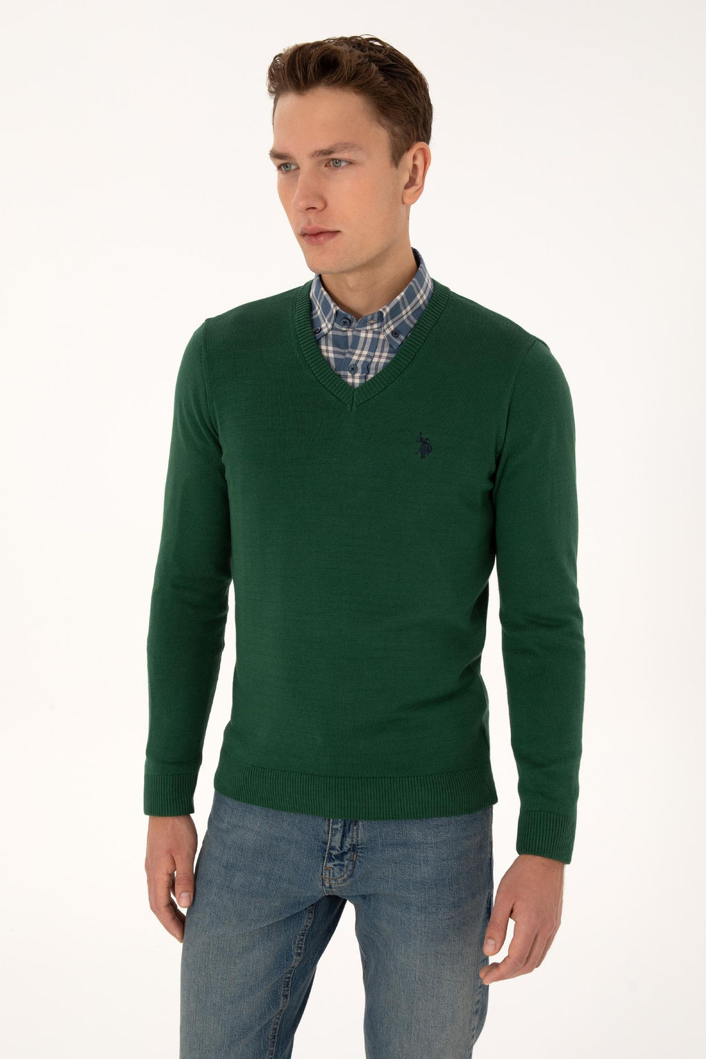 Erkek Slim Fit V Yaka Koyu Ye_il Basic Triko Kazak