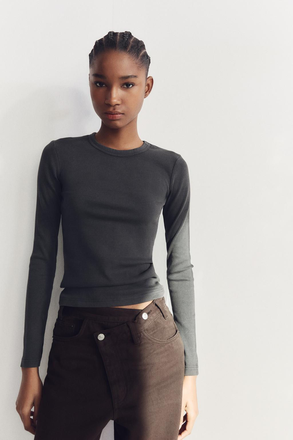 LONG SLEEVE WASHED EFFECT RIBBED T-SHIRT - Zara фото 9