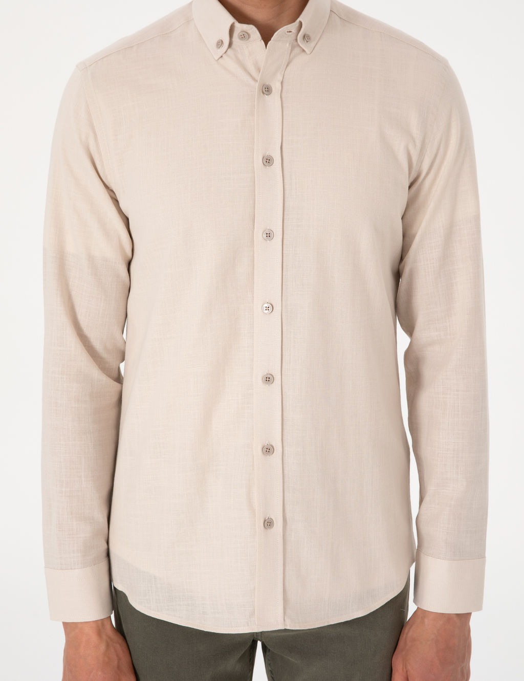 Bej Keten G_r_n_ml_ Slim Fit Uzun Kollu G_mlek