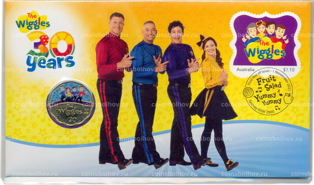 Монета 30 центов 2021 года Австралия  30 лет музыкальной группе Wiggles (танцуют, в буклете)