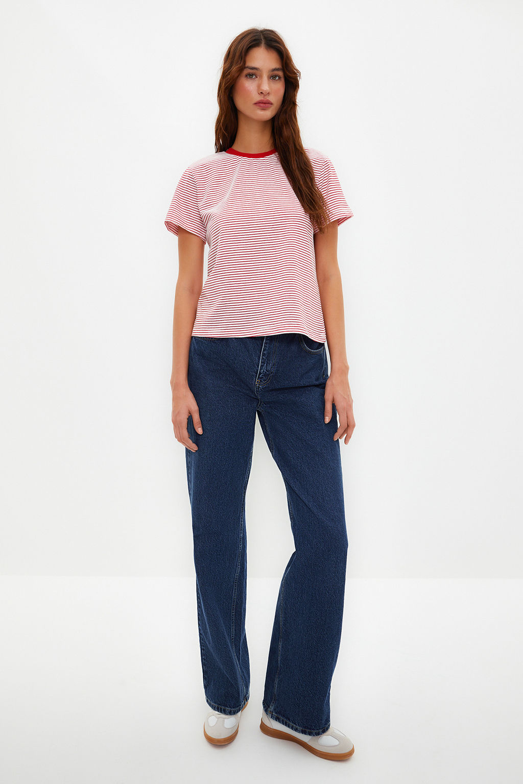 K?rm?z? Ekru Cizgili Kal?n Pamuklu Basic Regular/Normal Kal?p Orme T-Shirt TWOSS23TS00043