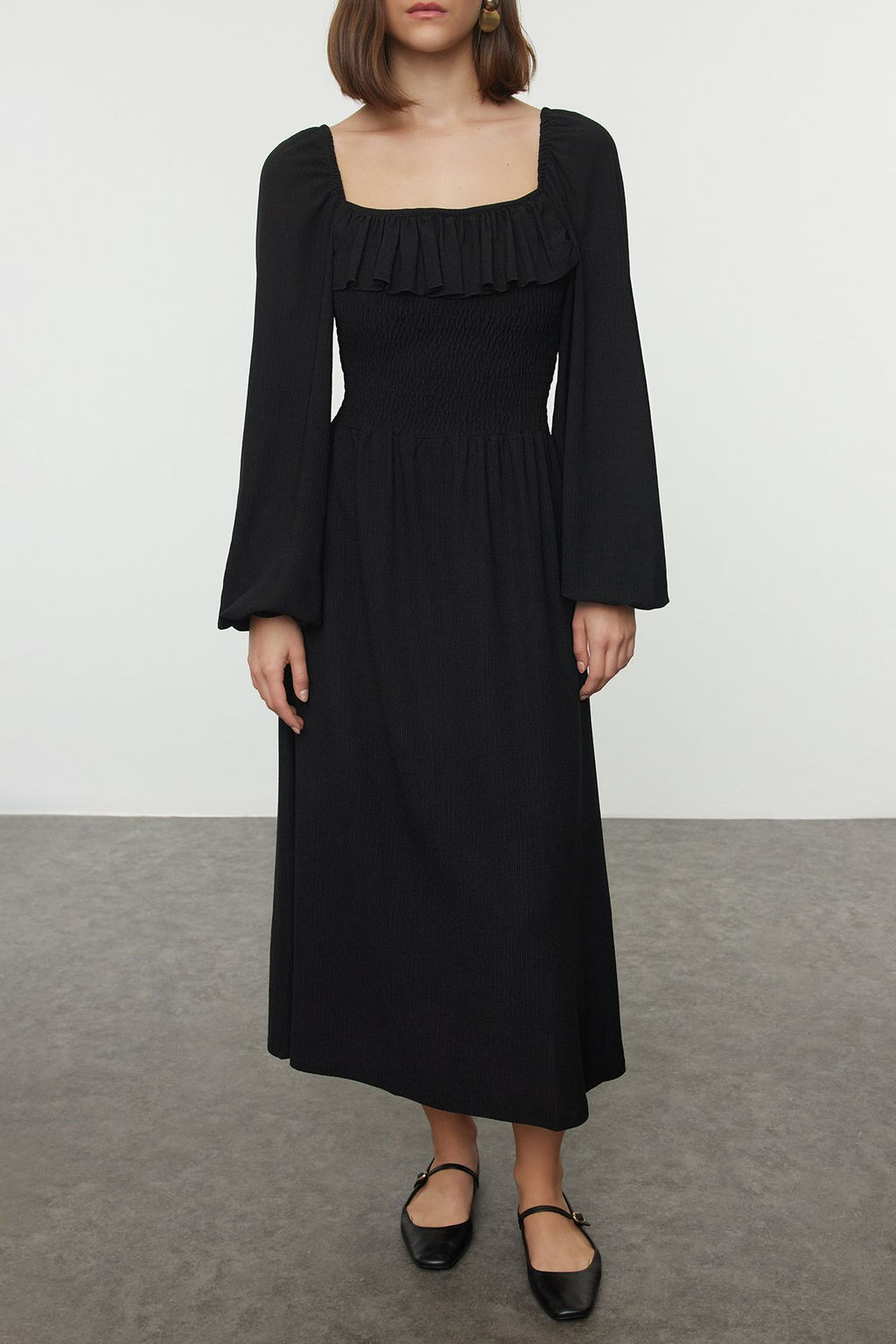 TRENDYOLMILLA Siyah Buzgu/Drape Detayl? Uzun Kollu Burumcuk/Dokulu Kumas Orme Elbise TWOAW25EL00117 фото 2