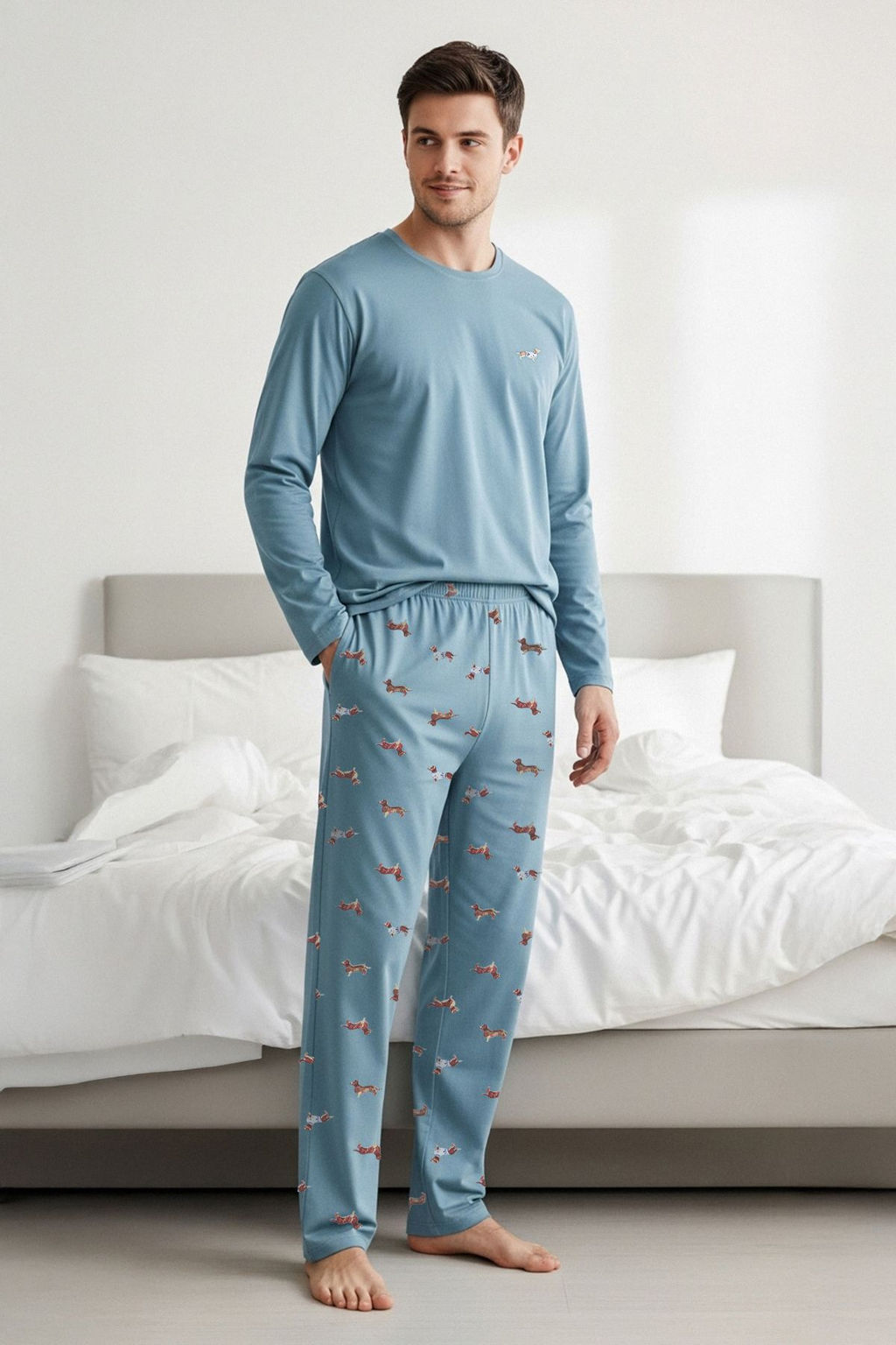 TRENDYOL MAN Siyah %100 Pamuk Regular Fit Hayvan Desenli Orme %100 Pamuk Pijama Tak?m? TMNAW23PT00157