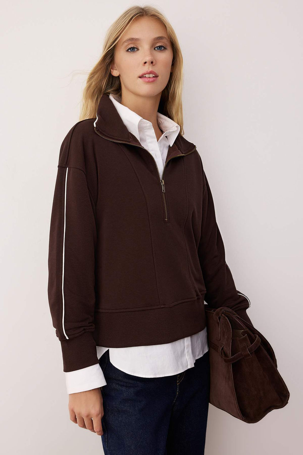Kahverengi Fermuarl? Polo Yaka Serit Detayl? Regular/Normal Kesim Orme Sweatshirt TWOAW26SW00034
