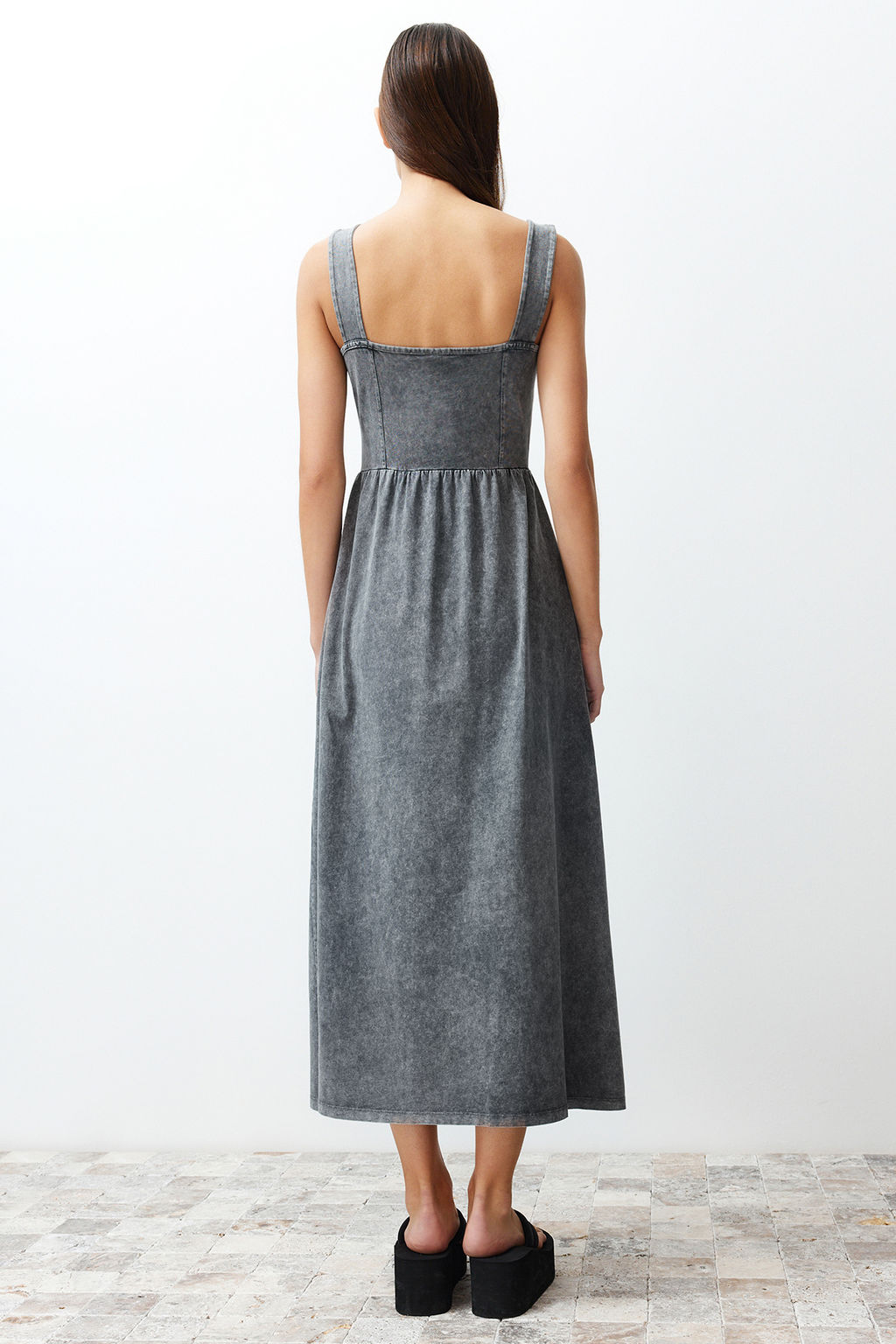 Antrasit Eskitme Skater Kare Yaka S?f?r Kol Orme Maxi Elbise TWOSS24EL00586 - Trendyolmilla фото 6