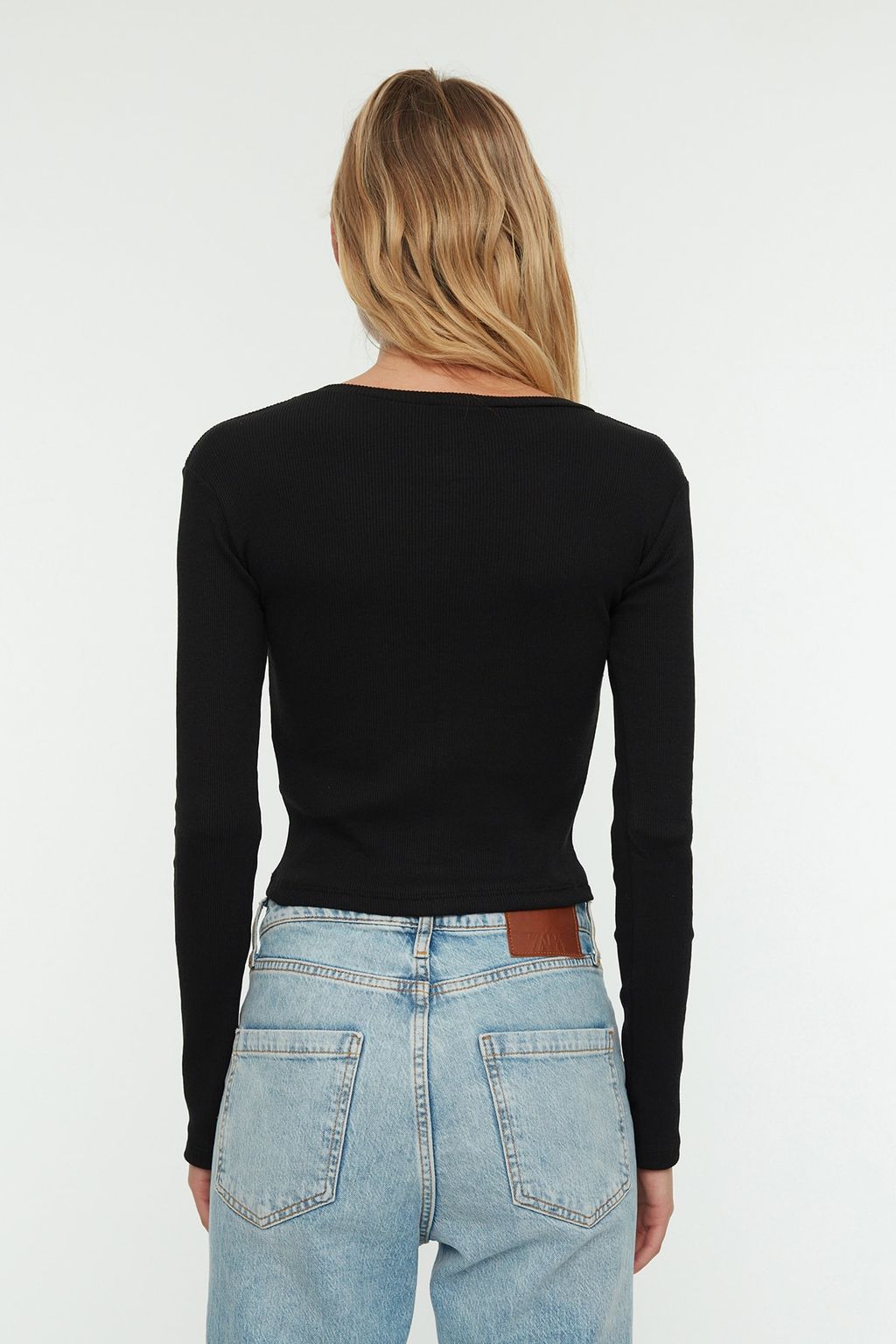 Siyah-Haki 2li Paket Fitted/Vucuda Oturan Bisiklet Yaka Crop Fitilli Esnek Orme Bluz TWOAW22BZ0331