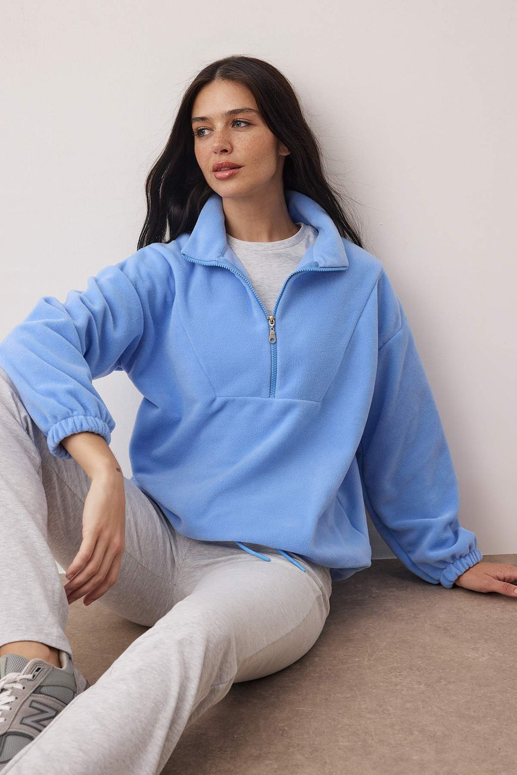 Ac?k Mavi Fermuarl? Dik Yaka Polar Regular/Normal Kesim Orme Sweatshirt TWOAW21SW0758