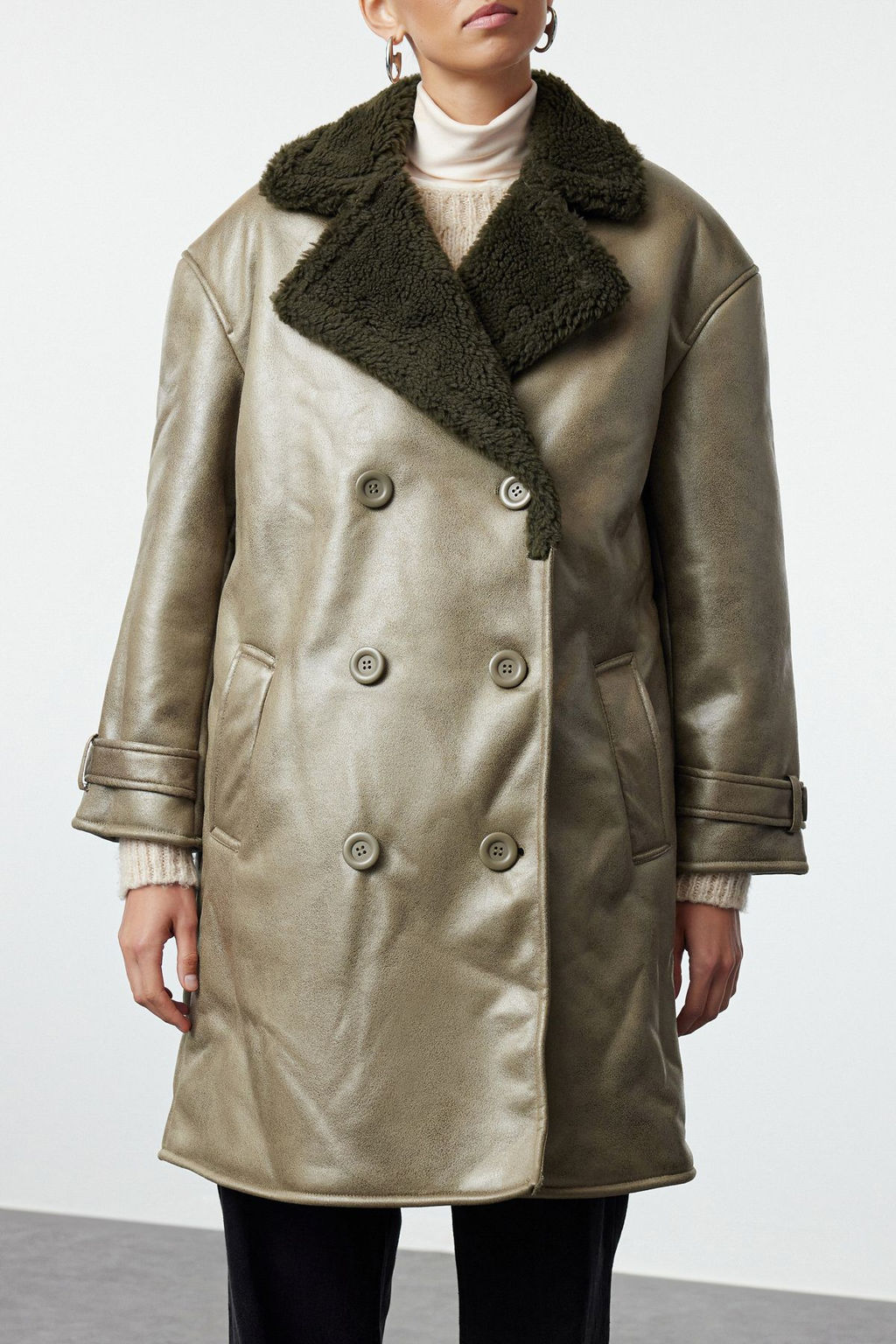 Haki Yakas? Kurk Detayl? Oversize Uzun Kaban TWOAW25KB00000 - Trendyolmilla фото 4