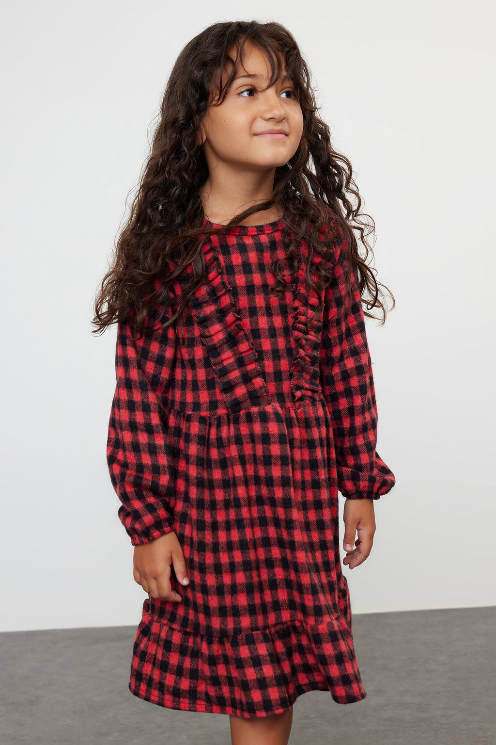 K?rm?z? K?z Cocuk Ekose / Kareli Regular Dokuma Elbise TKDAW25EL00004 - Trendyolmilla фото 2