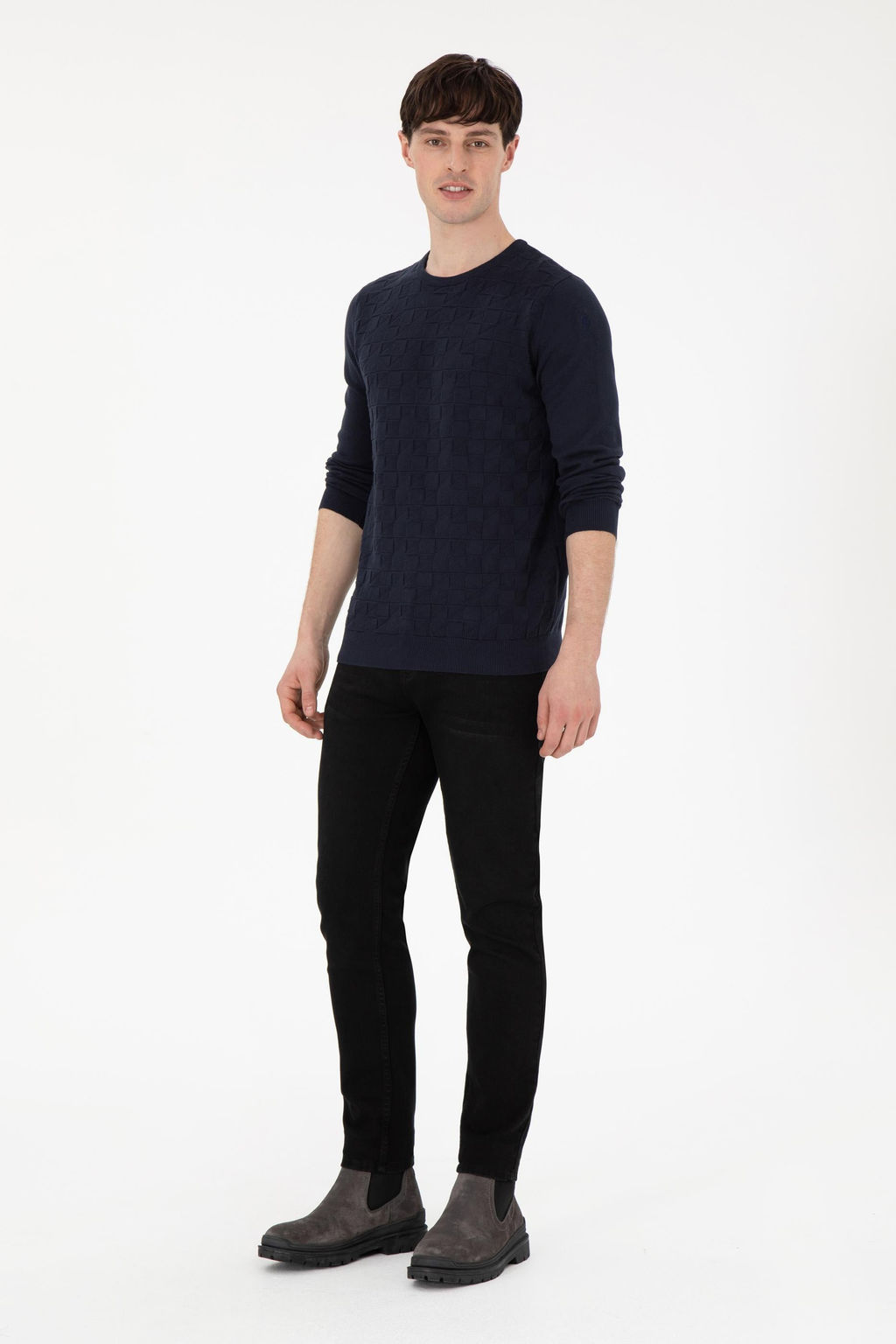 Erkek Slim Fit Bisiklet Yaka Lacivert Basic Kazak