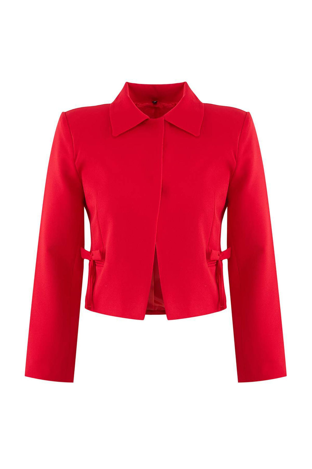 K?rm?z? Fiyonk/Kurdele Detayl? Gomlek Yakal? Crop Dokuma Blazer Ceket TWOAW25BC00018